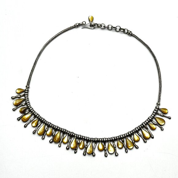 Vintage 1970s-80s Sterling Silver and Golden Mother of Pearl Fringe Bib Necklace - Picture 5 of 12
